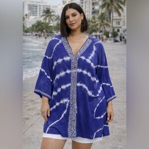 INC Purple Tie-Dye Kimono Cardigan 100% linen Boho Artsy Travel Resort